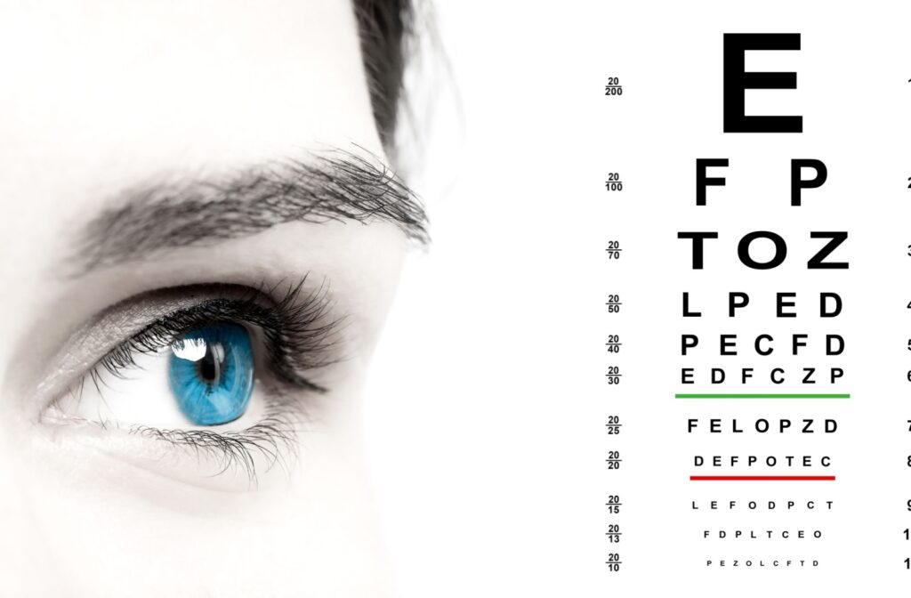 Snellen chart and closeup of woman's eye on white background, banner design.