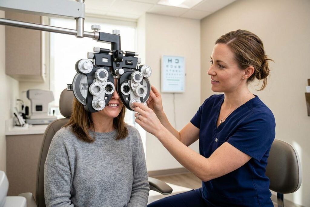 Optometrist adjusts a phoropter during an eye exam while a smiling patient looks through it, eye chart on the wall behind.