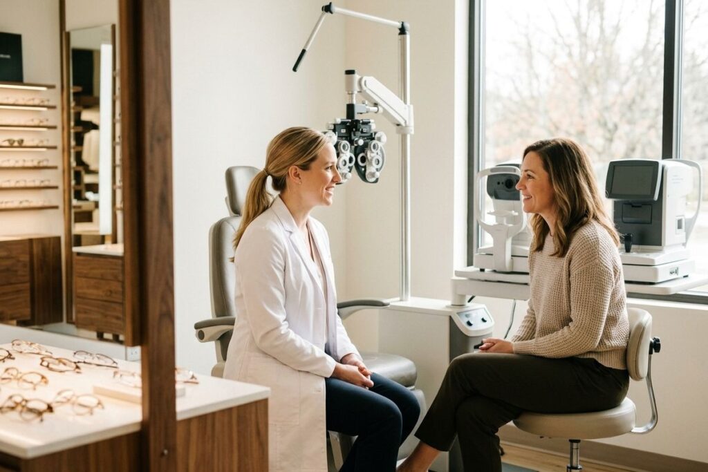 Optometrist and patient smiling at each other in an eye exam room with a phoropter and glasses displays.