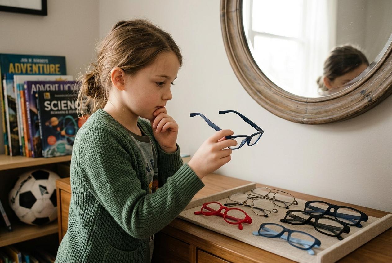 Girl in green sweater holds blue glasses, considering a tray of eyeglasses on a counter near a round mirror.