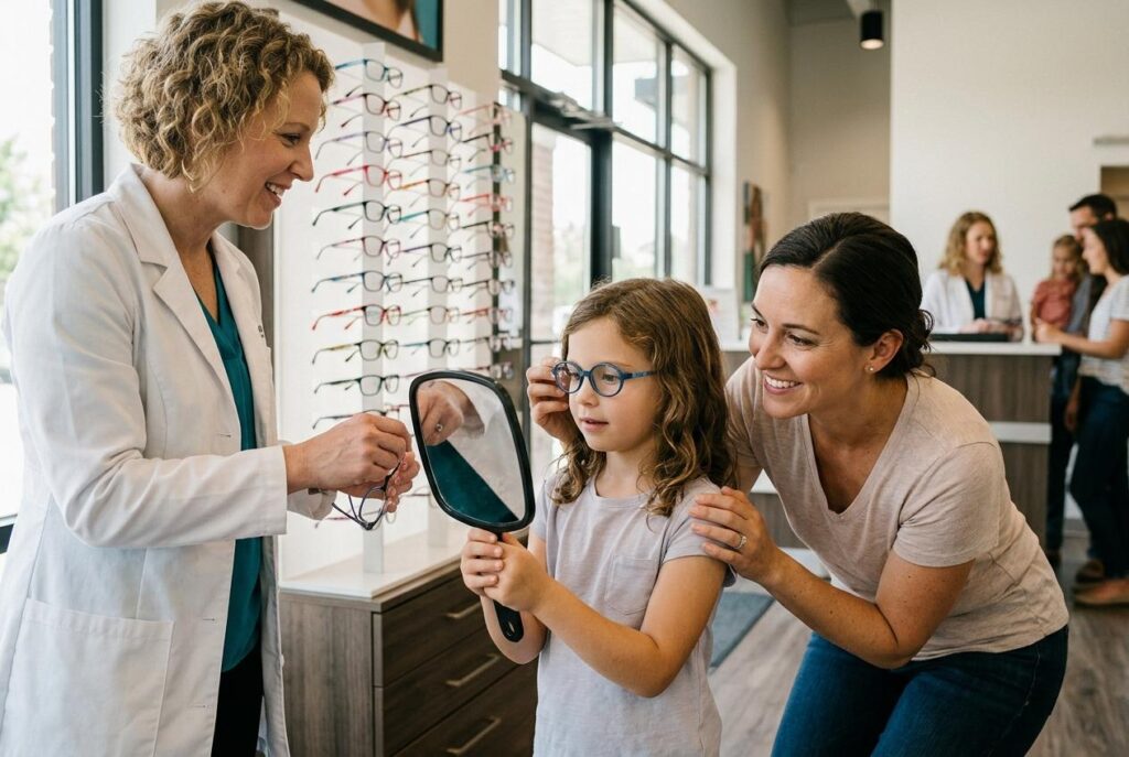 Girl trying on blue glasses holds a mirror as a woman and optometrist smile beside an eyewear display in an optical shop.
