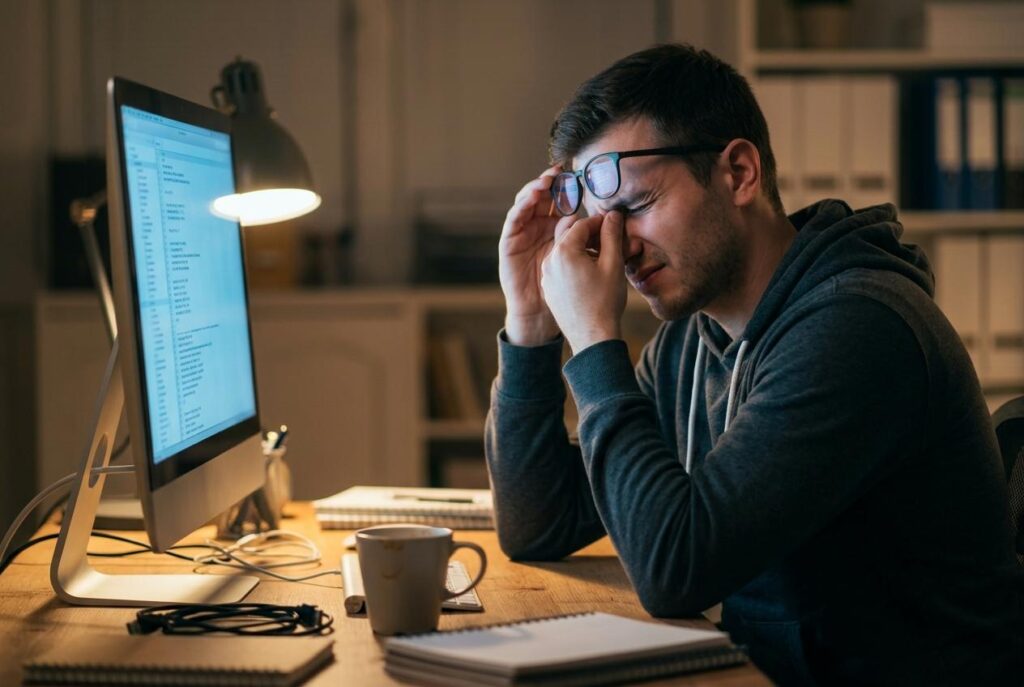 Man sitting at a dimly lit desk, eyes closed and pinching his nose bridge while lifting his glasses, with a computer monitor glowing nearby.