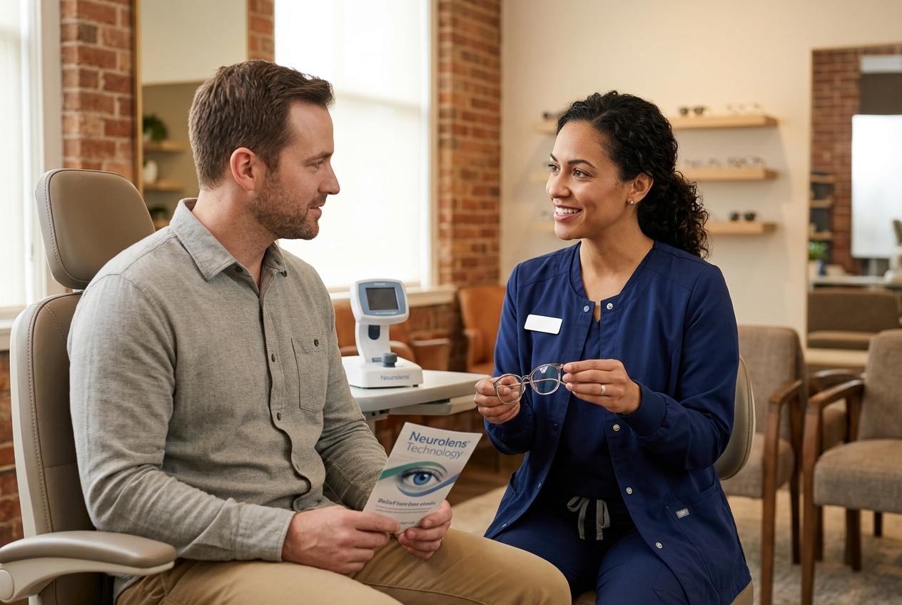 Optometrist smiling, holding glasses frames, consulting with a seated patient holding a Neurolens Technology brochure in an eye care clinic.