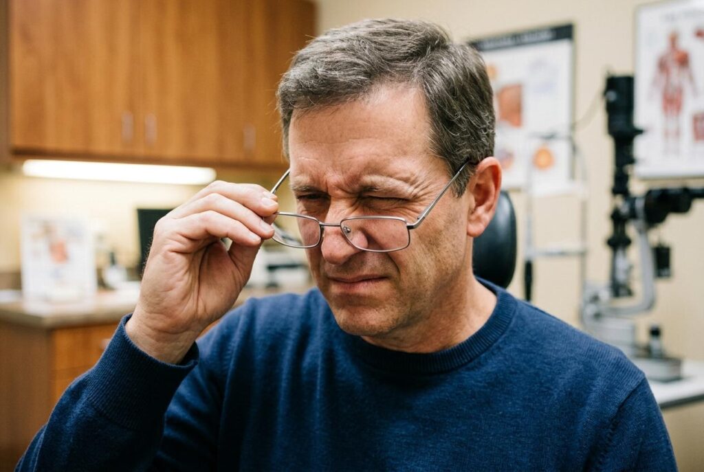 person experiencing discomfort when blinking
