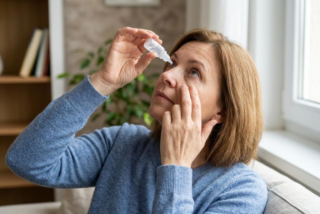 Woman in a blue sweater applying eye drops into her eye while seated indoors near a window.