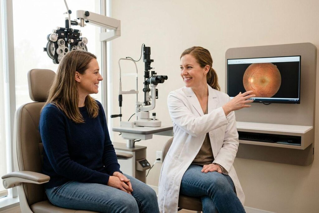 Optometrist points to a retinal scan on a screen while smiling at a seated patient in an eye exam room.