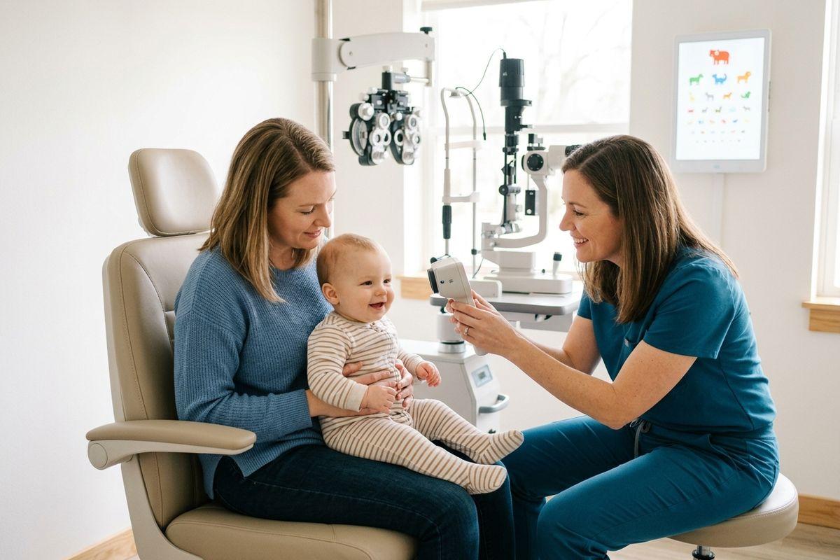 Optometrist using a handheld device to examine a smiling baby held by an adult in an exam chair.