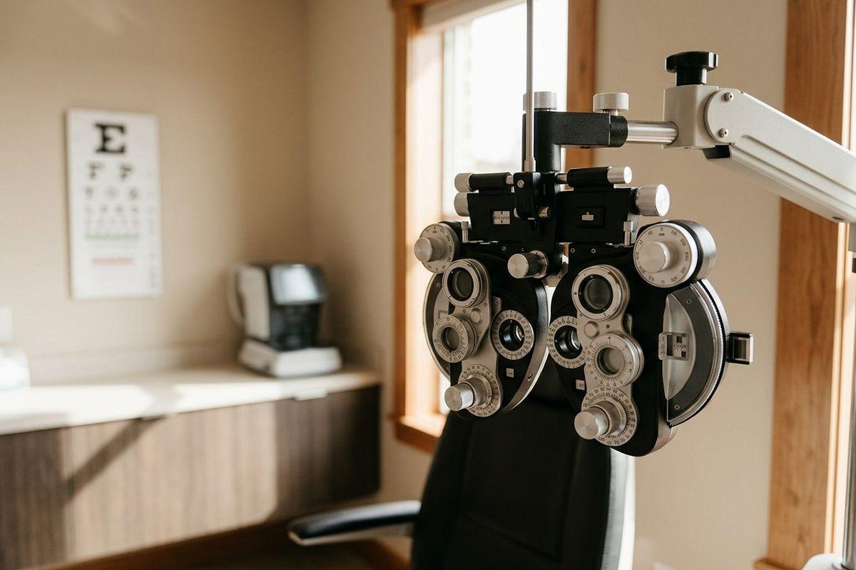 A phoropter in an optometry exam room, with an eye chart and equipment on a counter in the background.