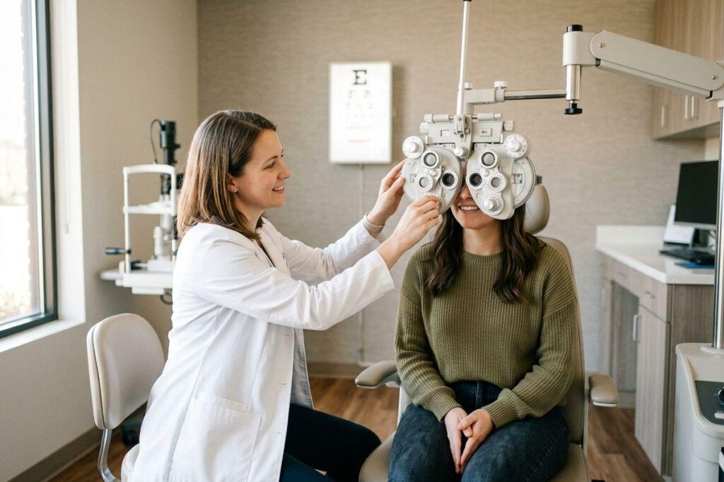 An optometrist adjusting a phoropter during an eye exam as a smiling patient looks through it in an exam room.
