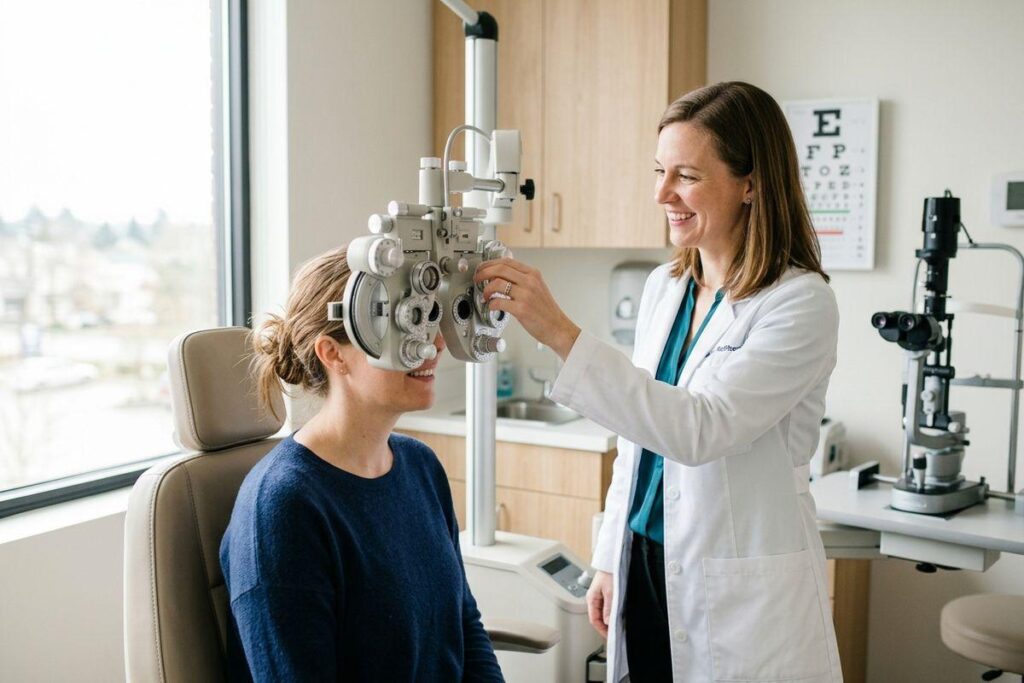 An optometrist adjusts a phoropter for a smiling patient during an eye exam, with an eye chart on the wall.