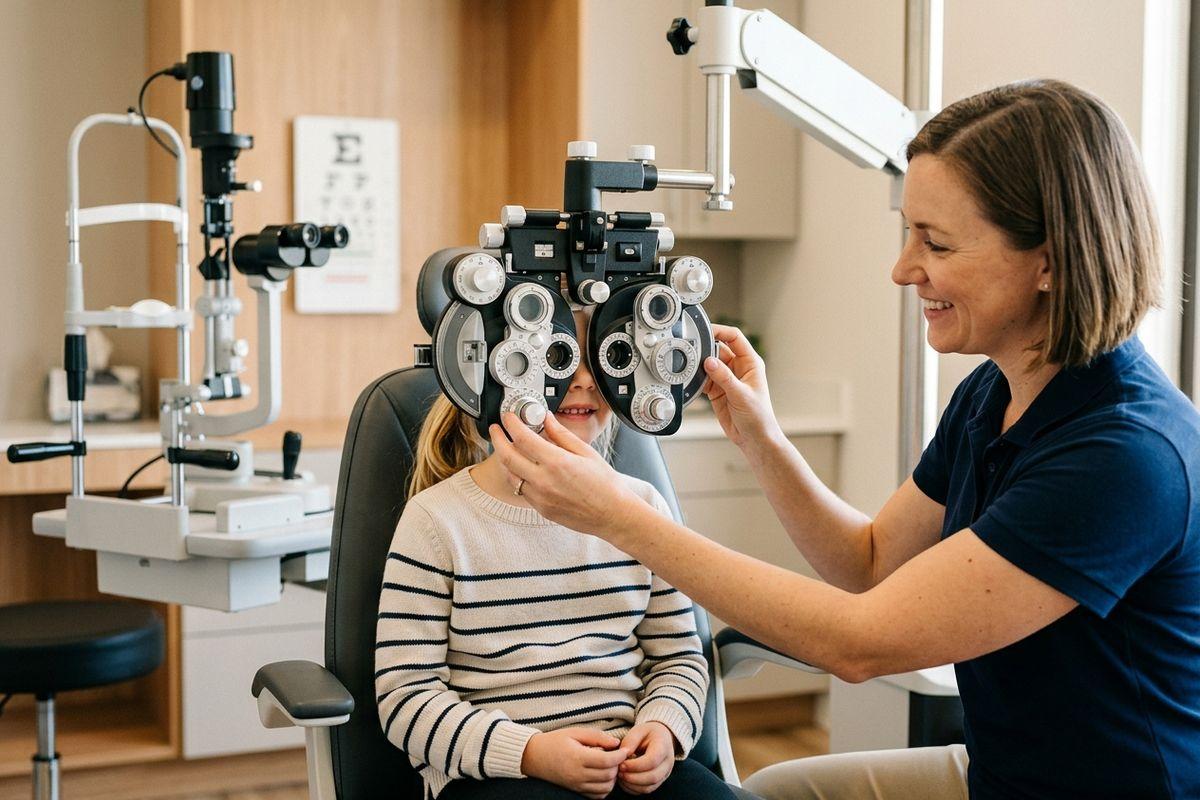 An optometrist smiling as a child looks through a phoropter during an eye exam, with an eye chart on the wall.