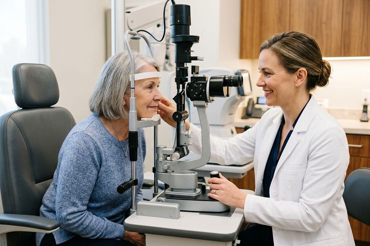 An optometrist smiling as they examine an older patient's eyes with a slit lamp in an exam room.