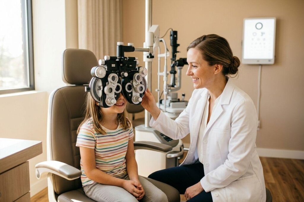 An optometrist smiling while giving a child an eye exam with a phoropter in an exam room.