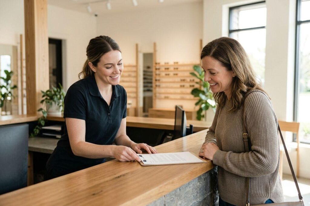 Smiling receptionist shows a clipboard form to an adult at the front desk of an optical shop, with eyeglass frame displays in the background.